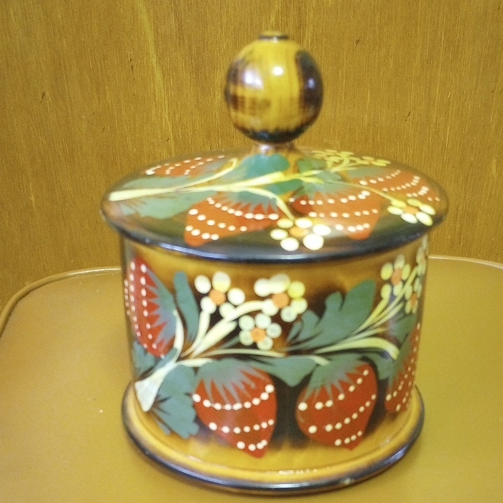 Vintage Handpainted Strawberry & Floral Round Wood Turned Container & Lid
